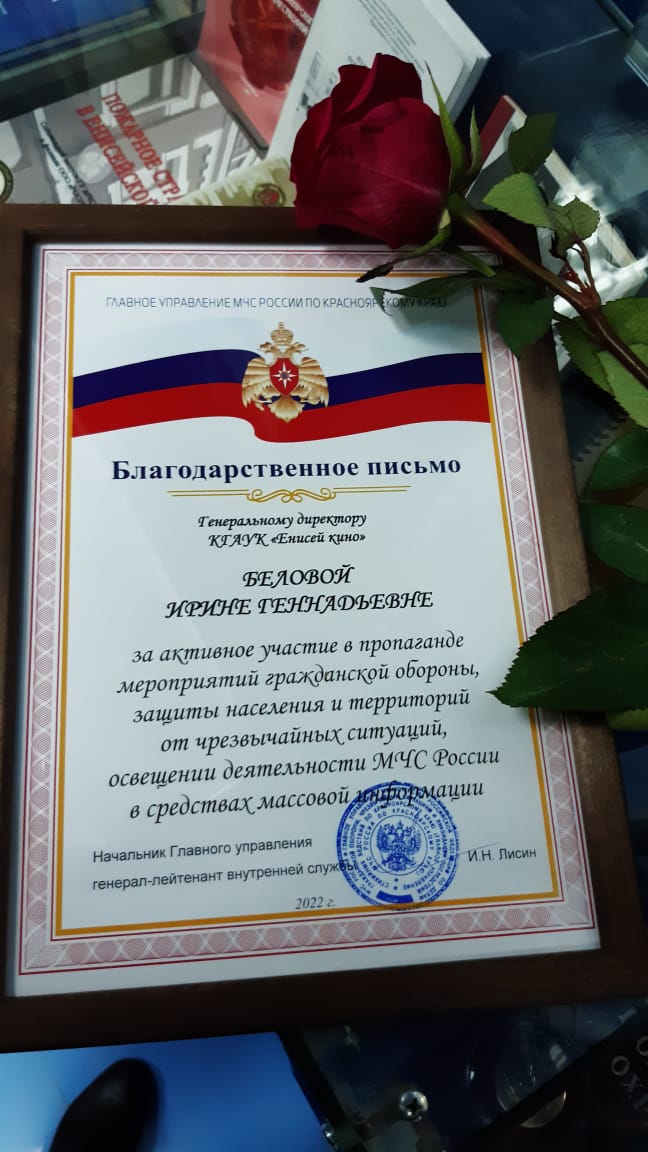 Благодарственное письмо генеральному директору «Енисей кино»